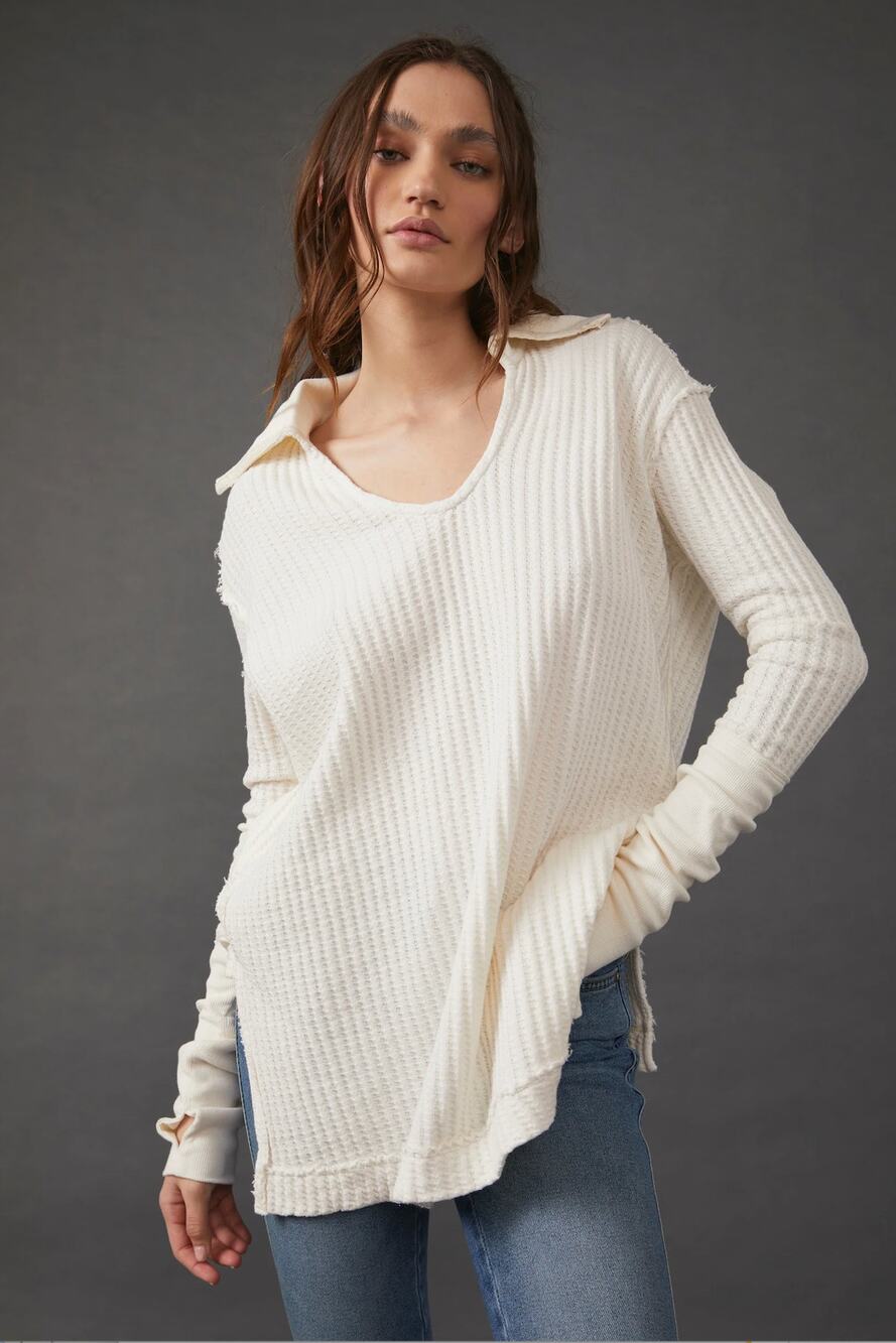 NWT Free People We The Free Raymond Thermal Top M Bone White Collar Oversized